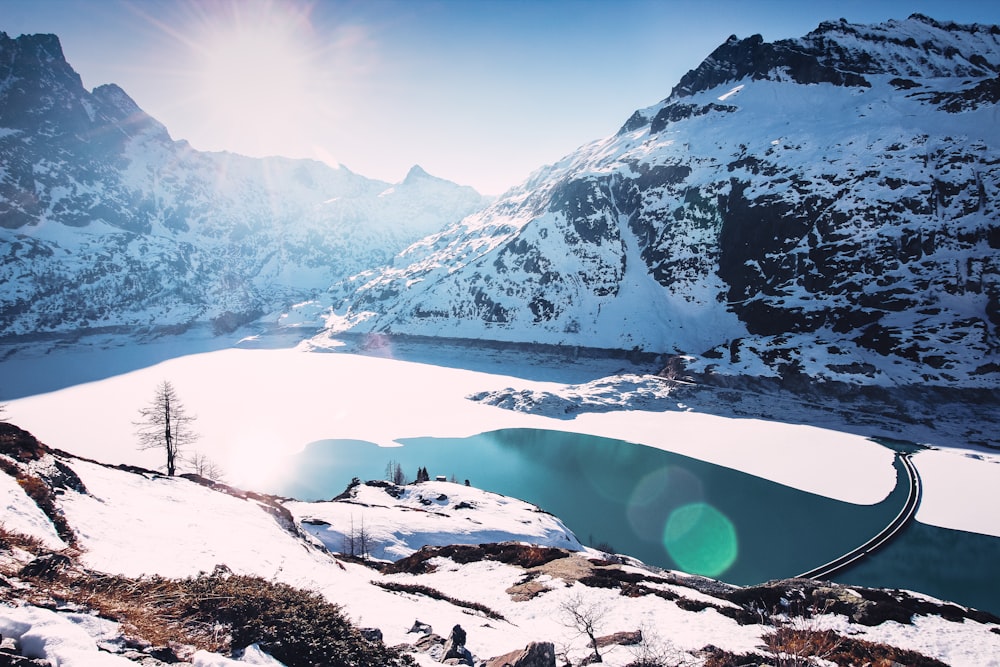 landscape photography of body of water surrounded by snowy mountains
