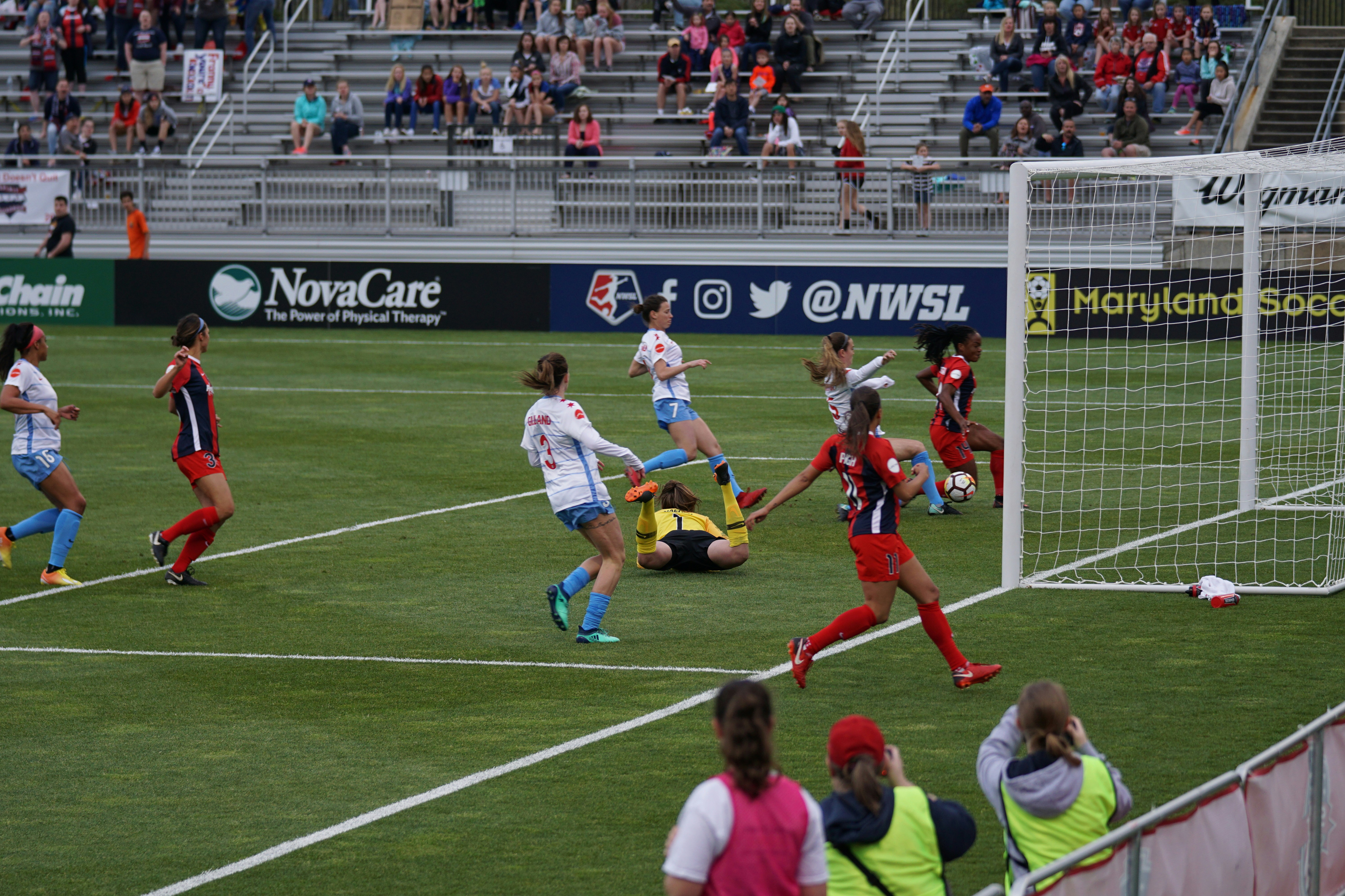 Franny Ordega scores a goal and crashes into the net