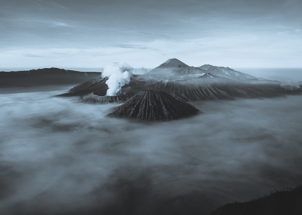 volcano covering with fog