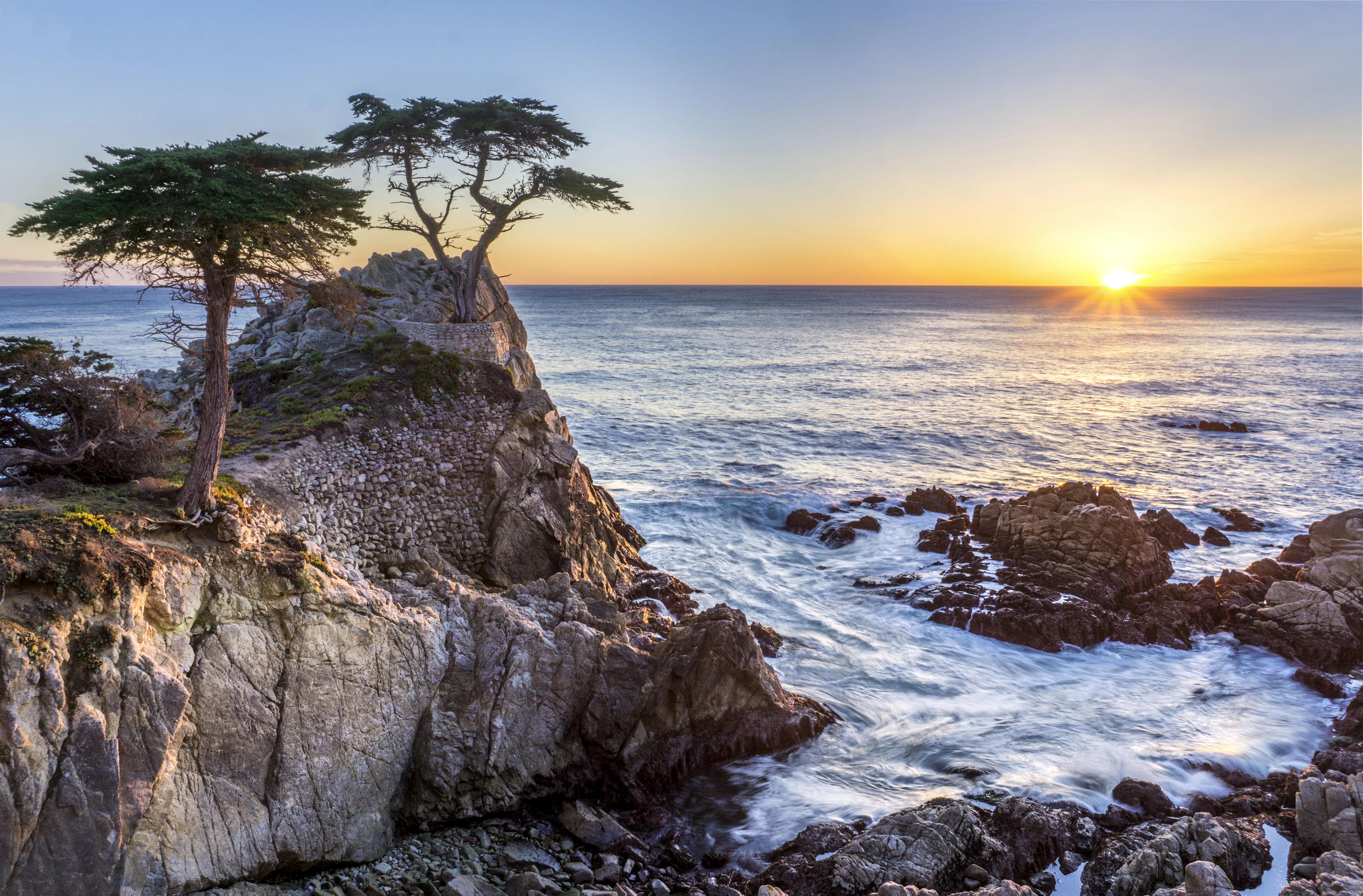 The Lone Cypress on its rock above the Pacific at sunset, on the 17-Mile Drive near Carmel