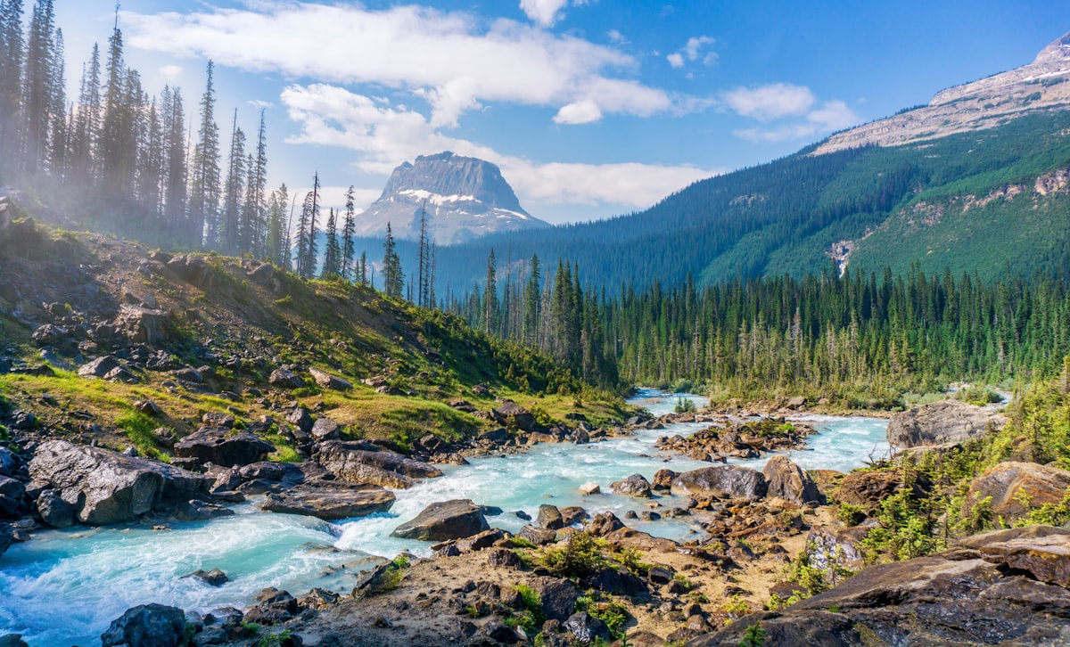 Rocky Mountain scenery visible from the upper observation level of a train car