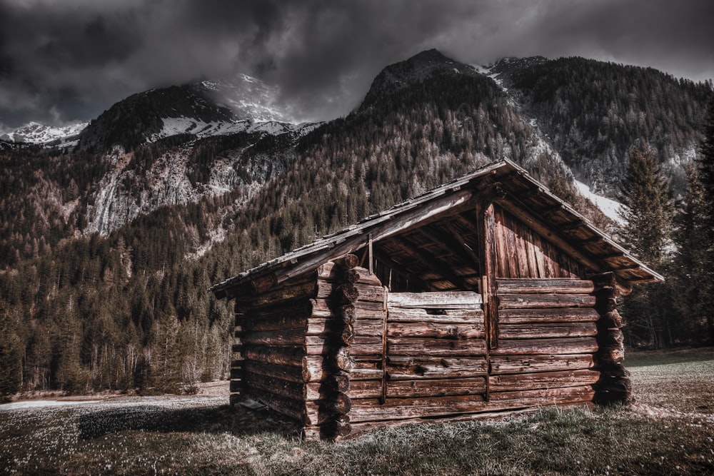 brown wooden house near mountain