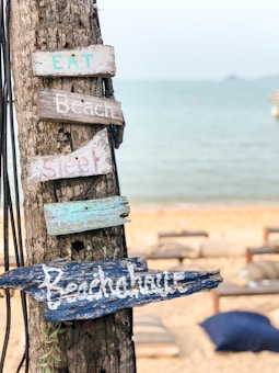 A weathered wooden post on the beach features several rustic signs with words like 'Eat,' 'Beach,' 'Sleep,' 'Repeat,' and 'Beachhouse' painted in various colors. The ocean is visible in the background, along with some sandy shore and blurred lounge chairs.