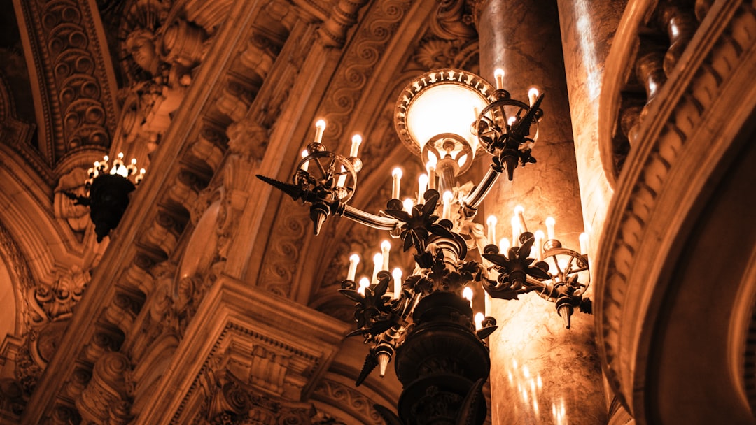 light fixture inside building, Above the Great Stairs there is a Great ceiling.