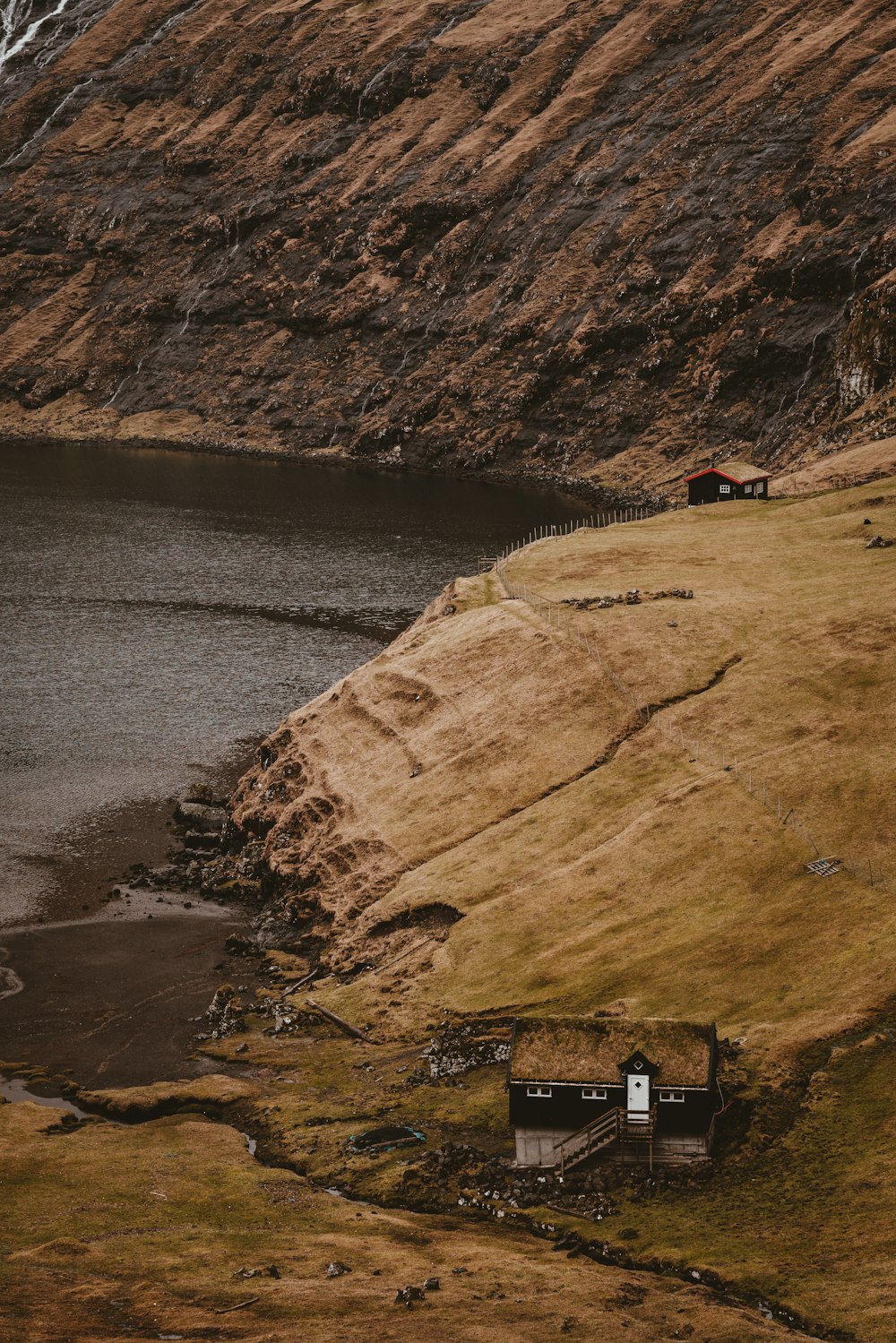 wooden house near body of water