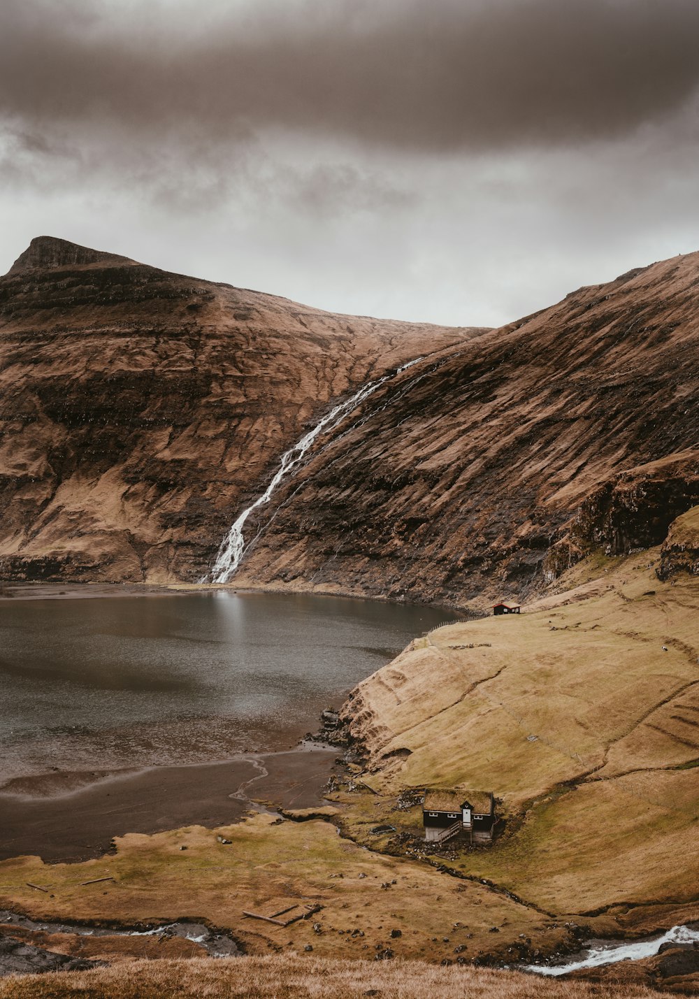 水の体の横の茶色の山の写真