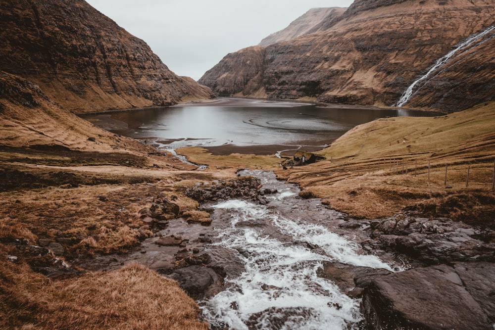 body of water surrounded with mountain