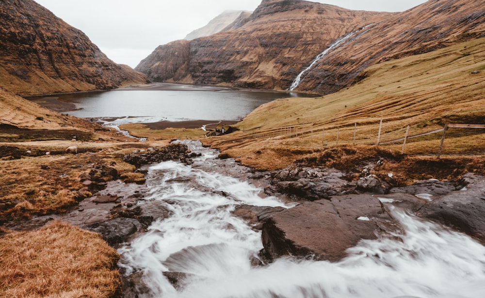 a stream of water running through a valley