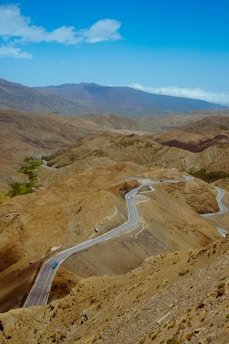 A winding mountain road cutting through the rugged terrain of Spiti Valley under a clear blue sky.