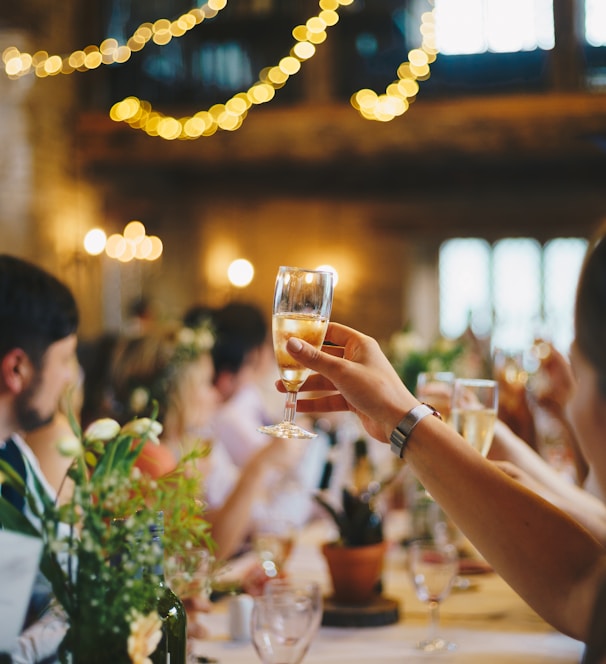 people raising wine glass in selective focus photography