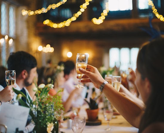 people raising wine glass in selective focus photography