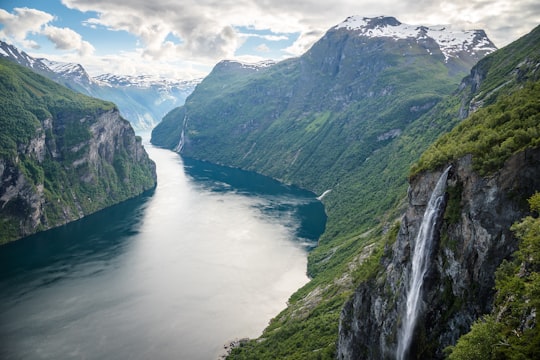 top view of river near mountains in Geiranger Norway
