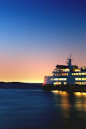 lighted cruiseship on sea taken during golden hour