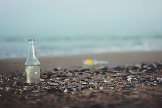 A clear bottle filled with seawater placed on a sandy beach.