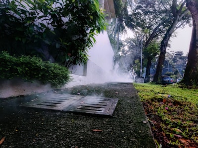 A mist or smoke is rising from a drainage grate embedded in a concrete pathway, which is lined with lush green vegetation and trees. A white building wall runs alongside the pathway, and parked cars are visible in the distance. The scene appears to be outdoors, possibly in a park or residential area, on a foggy or early morning.