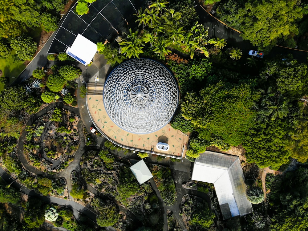 areal photography of round gray building surrounded by trees