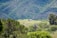 A solitary small farmhouse sits isolated on a lush green hill surrounded by dense woodland and towering mountains. The scene is tranquil, with the farmhouse appearing as a tiny speck amidst the expansive landscape filled with various types of trees and greenery.
