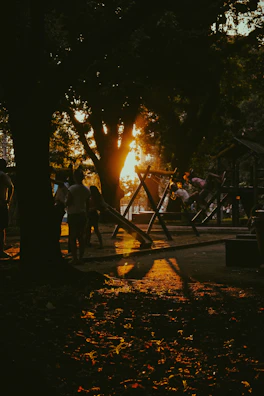 Children playing in a newly renovated city park at sunset
