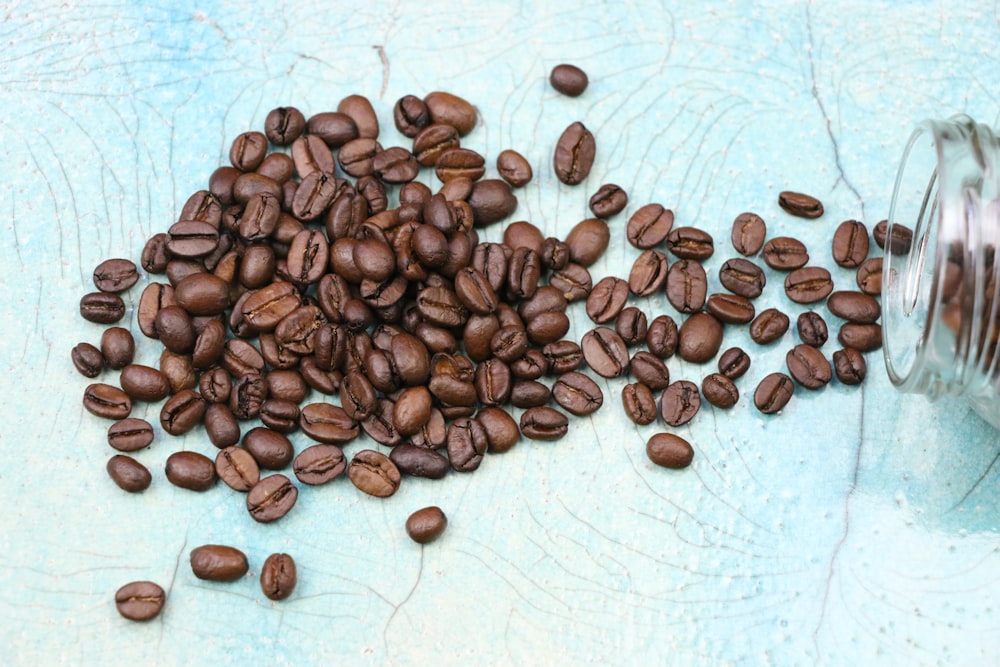 brown coffee beans and clear glass mason jar