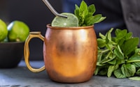 brass-colored mug with sliced lime