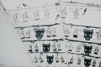 Detail of the lighting system’s adjustable LED panels mounted on a portable frame.