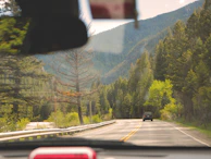 A comfortable Swift Dzire taxi winding through lush green mountain roads with sunlight filtering through tall pine trees.