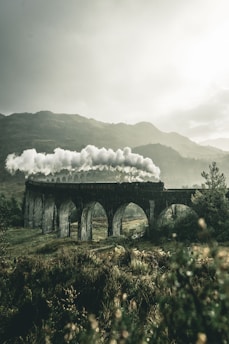 black train on railway bridge under heavy clouds