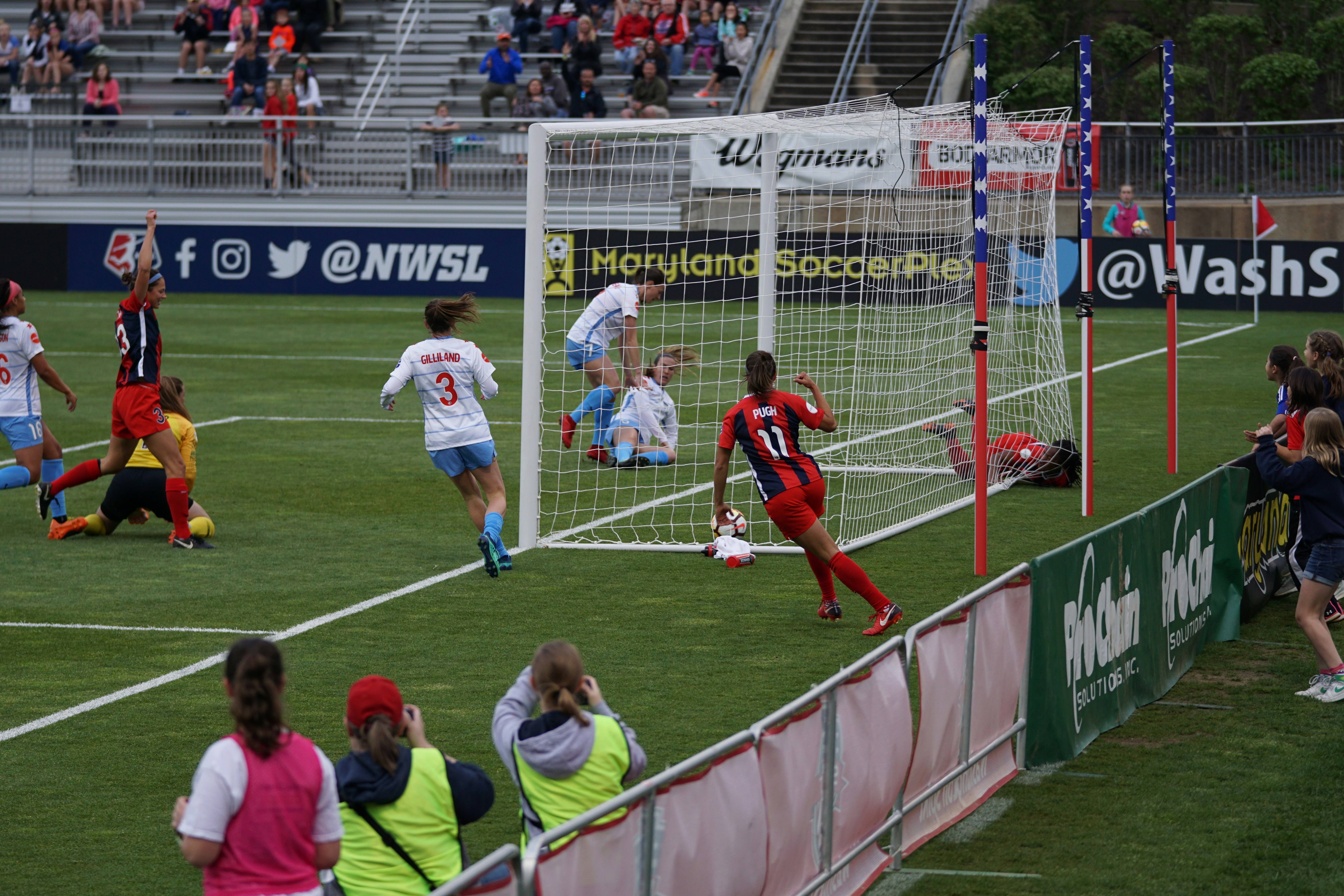 Franny Ordega scores a goal against The Chicago Red Stars at The Maryland Soccerplex. She ended up crashing into the rear of the net when it was over