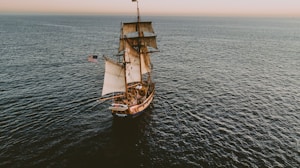 brown sailboat in beach under white sky