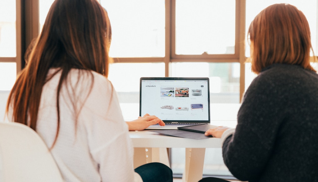 two women talking while looking at laptop computer