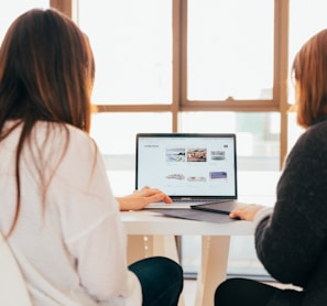 two women talking while looking at laptop computer