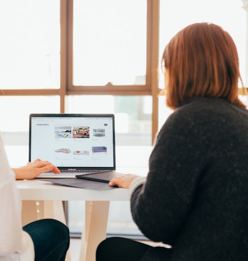 two women talking while looking at laptop computer