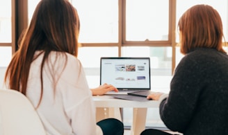 two women talking while looking at laptop computer