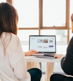 two women talking while looking at laptop computer