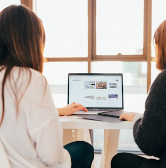 two women talking while looking at laptop computer