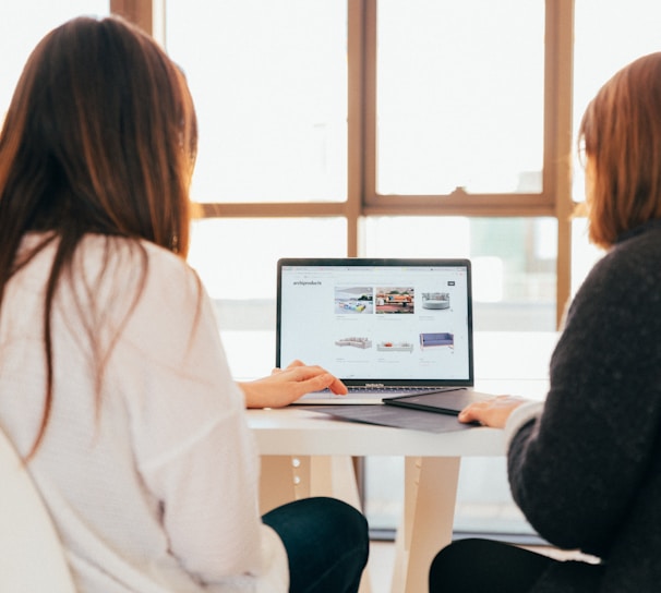 two women talking while looking at laptop computer