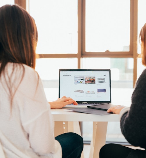 two women talking while looking at laptop computer