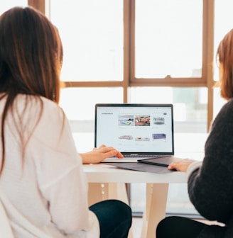 two women talking while looking at laptop computer