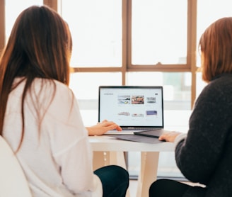 two women talking while looking at laptop computer