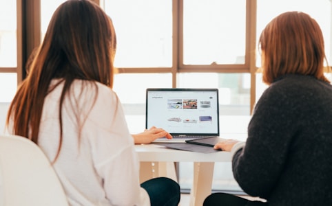 two women talking while looking at laptop computer