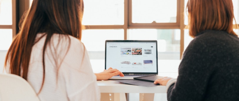 two women talking while looking at laptop computer