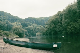 A peaceful riverside scene with lush greenery and a canoe resting on the shore.