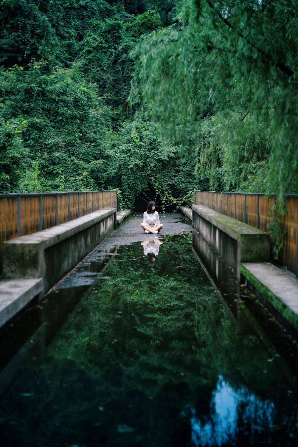 woman sits on black concrete surface surrounded by green leaf trees at daytime