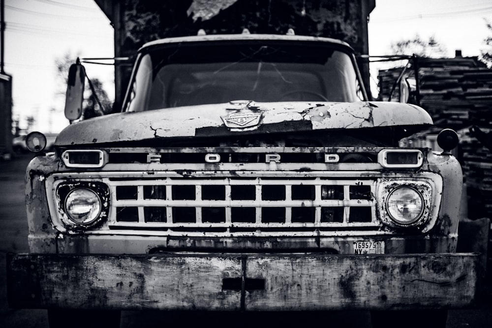 grayscale photography of Ford truck
