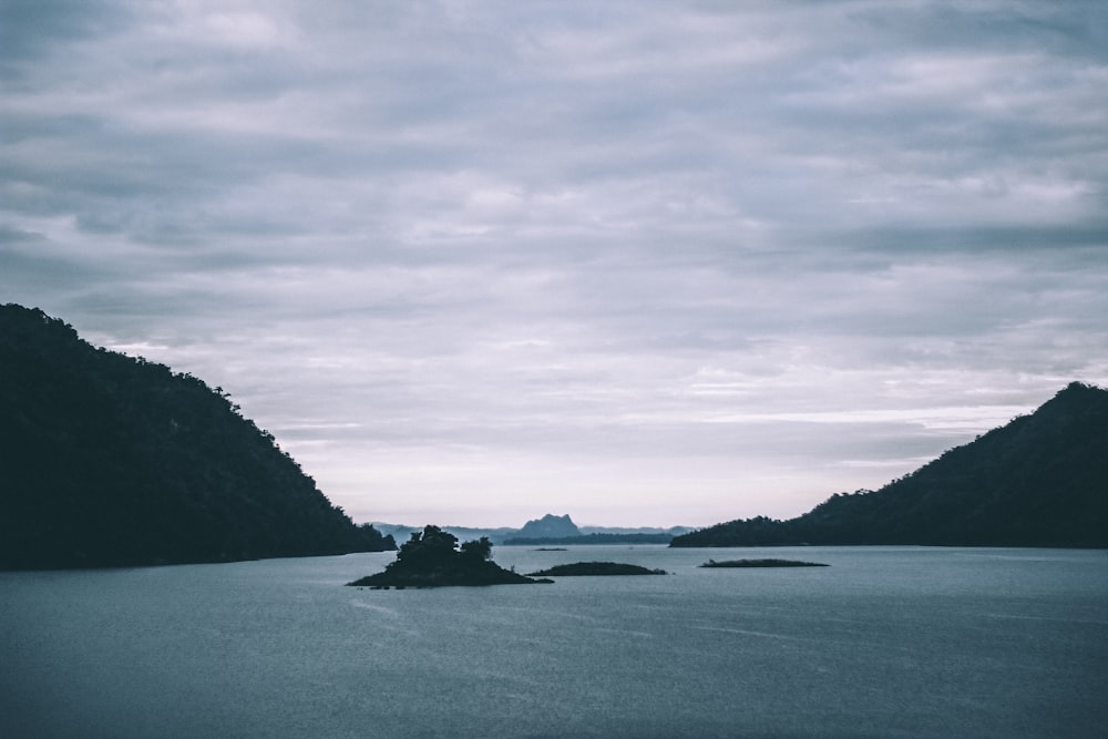 grayscale photo of island
