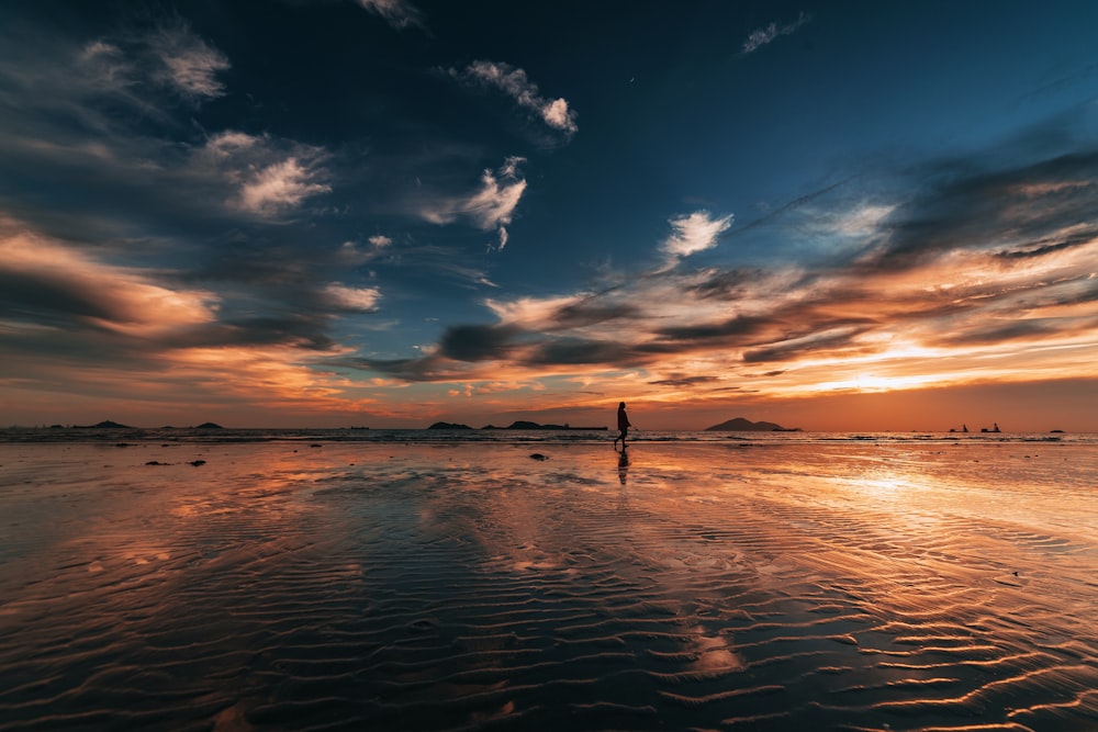 silhouette of person walking on shoreline