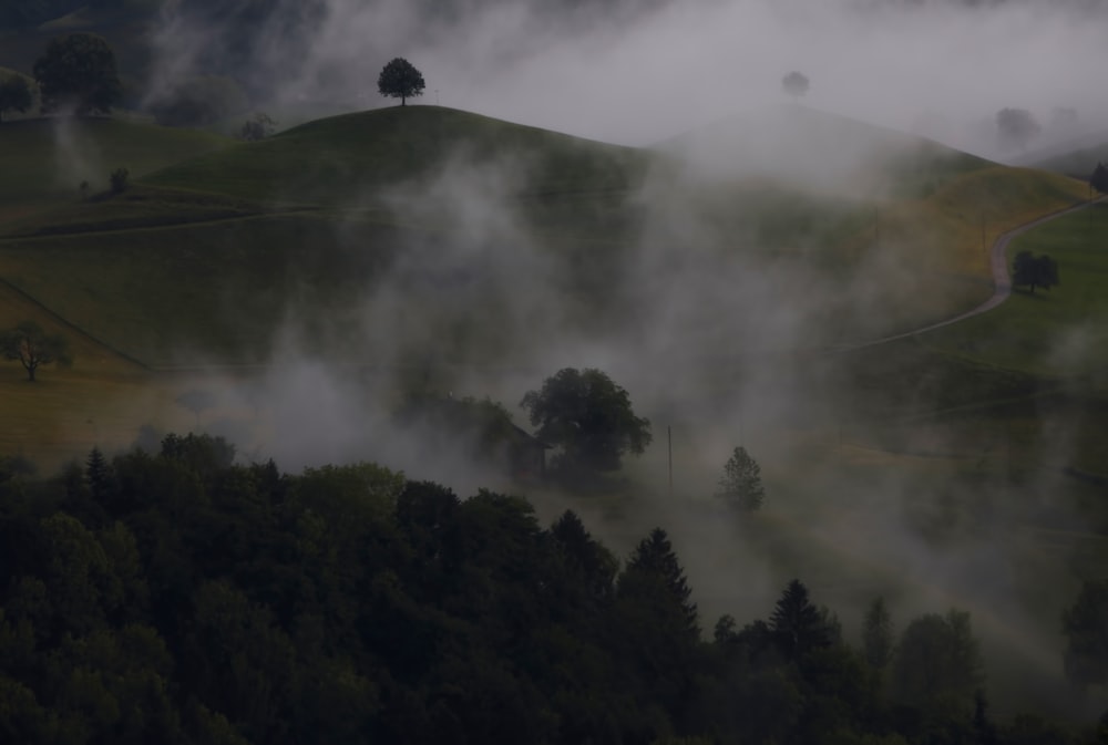 high angle of mountain range covered with mists