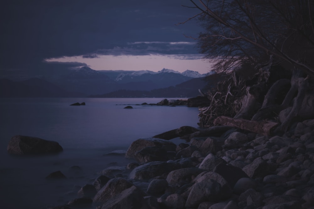 grey rock near body of water during dawn