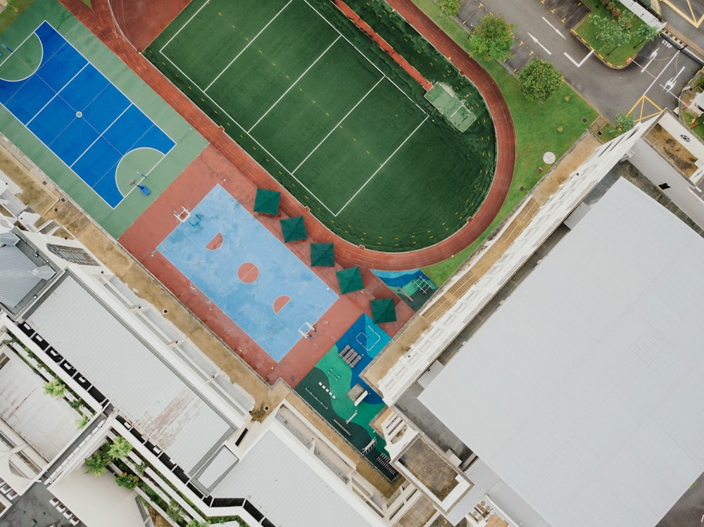 aerial photo of tennis court and building