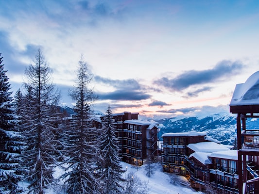 Les Arcs residences and snow-covered trees at dusk